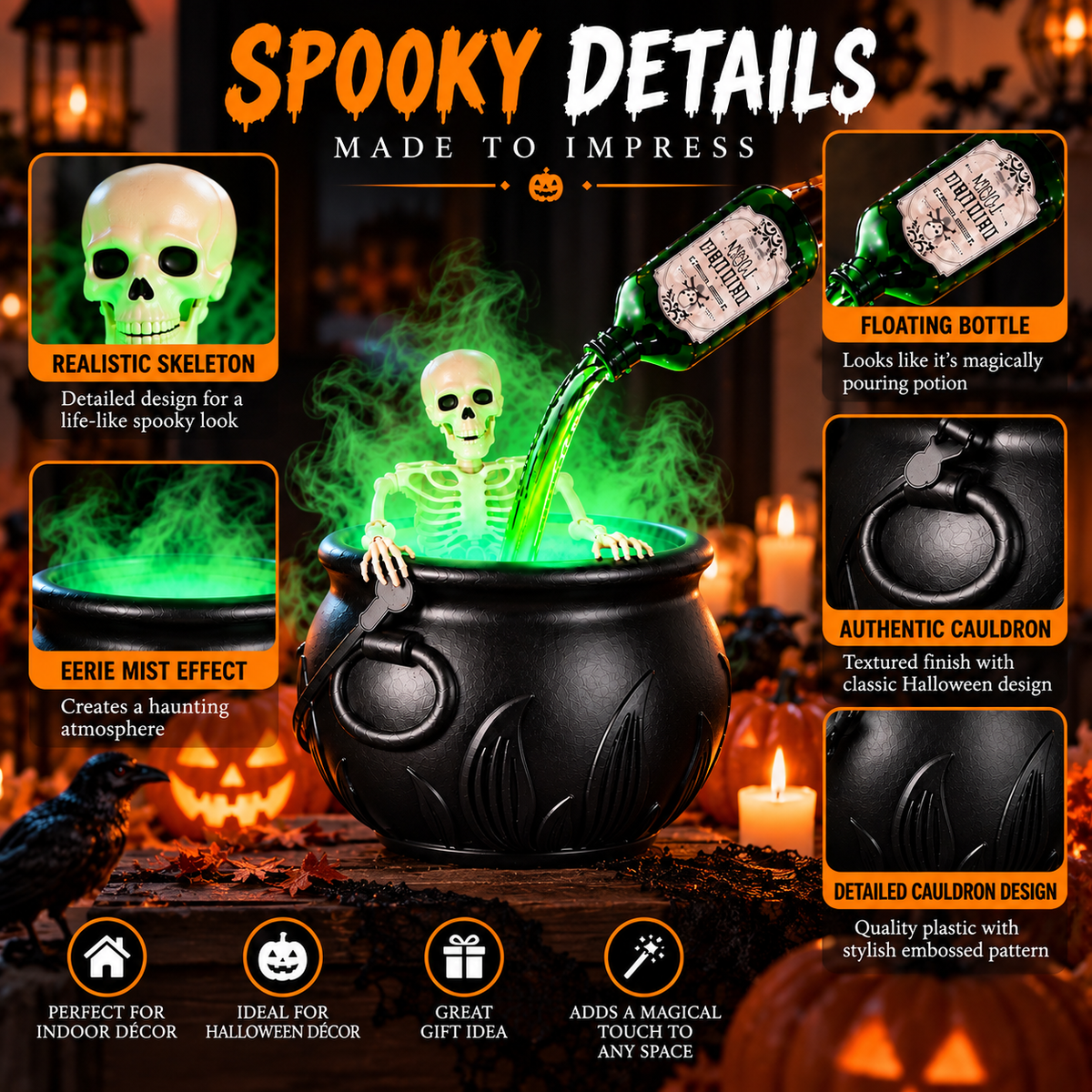 Floating Potion Skeleton Cauldron Halloween Decor