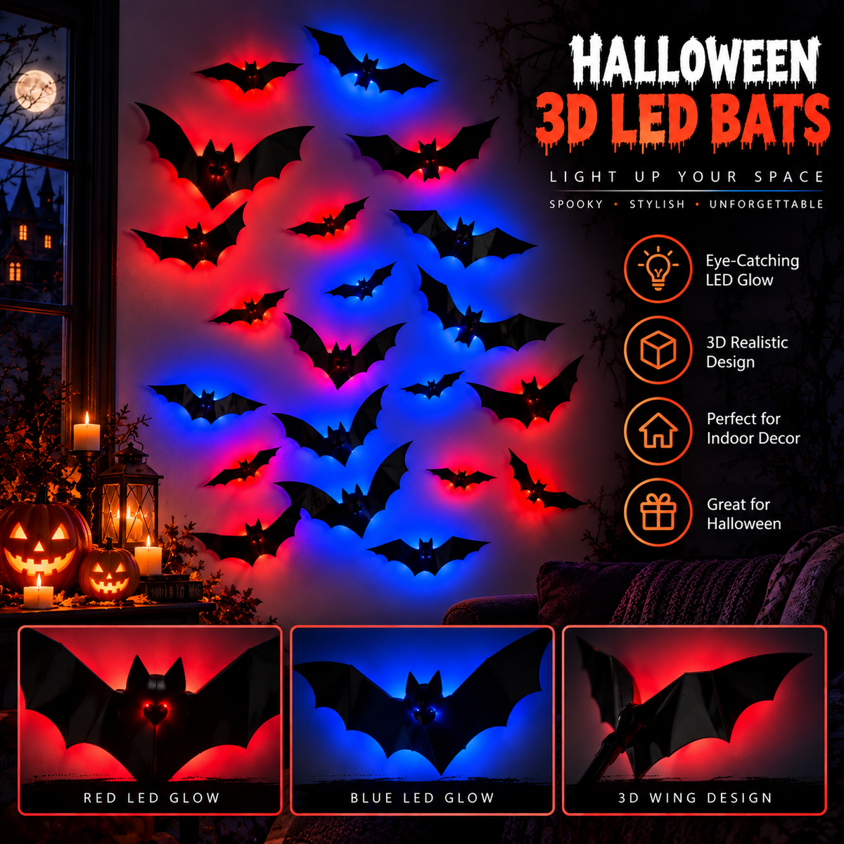 3D LED Bat Wall Decorations for Halloween