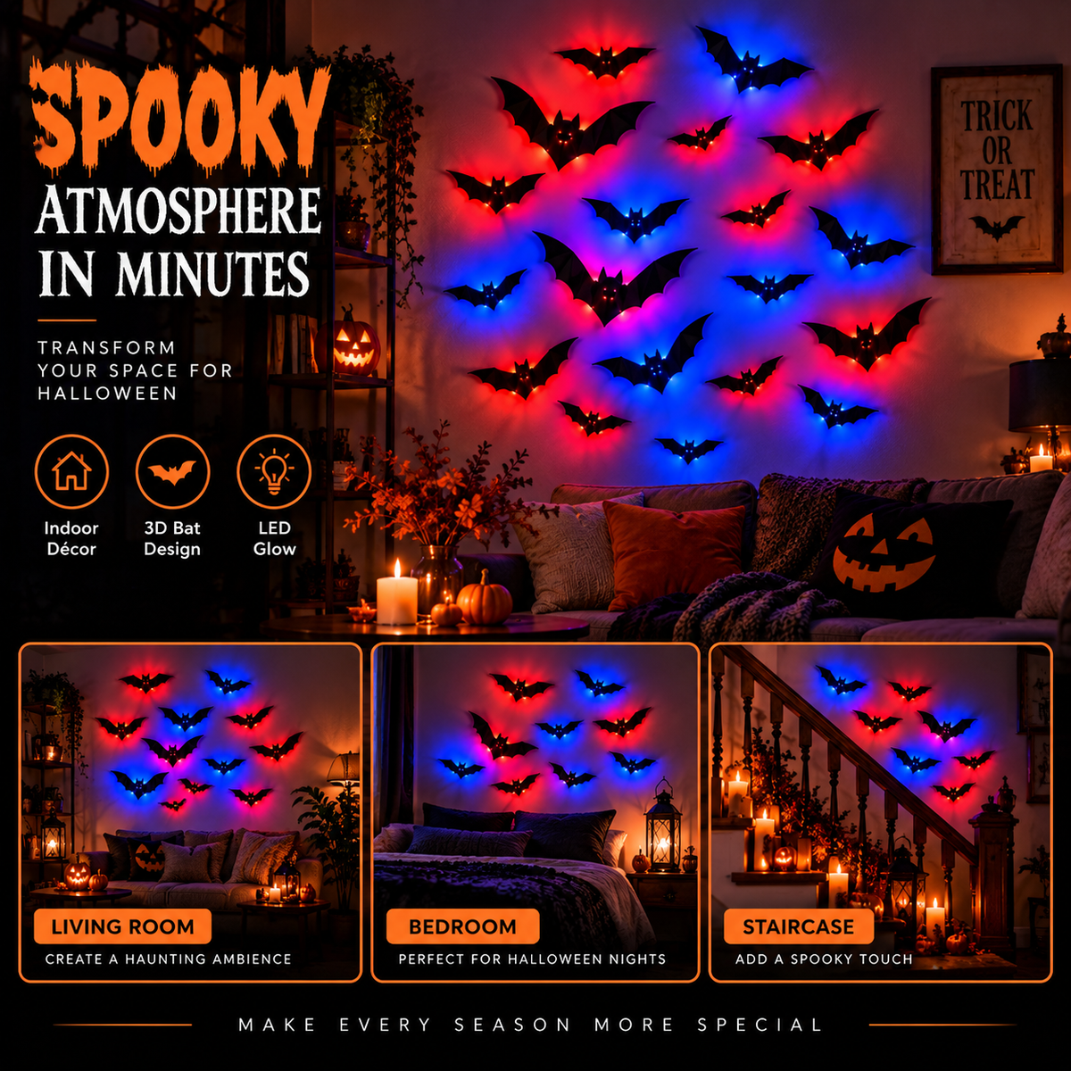 3D LED Bat Wall Decorations for Halloween