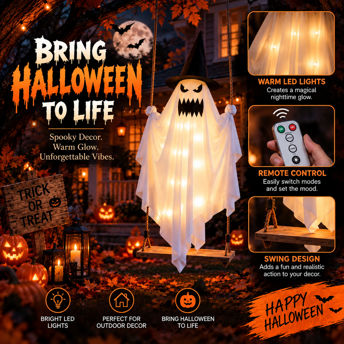 Lighted Swinging Ghost Halloween Decoration
