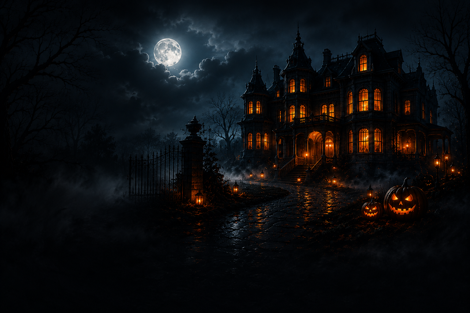 Haunted mansion at night